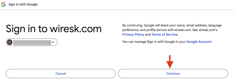 Google connection screen to sign in to Wiresk.com. red arrows point to Continue button.