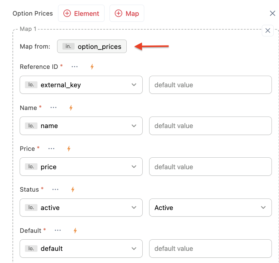 Screenshot of Field mapping setting.  Its shows different field mapped from Option prices array from a data source.