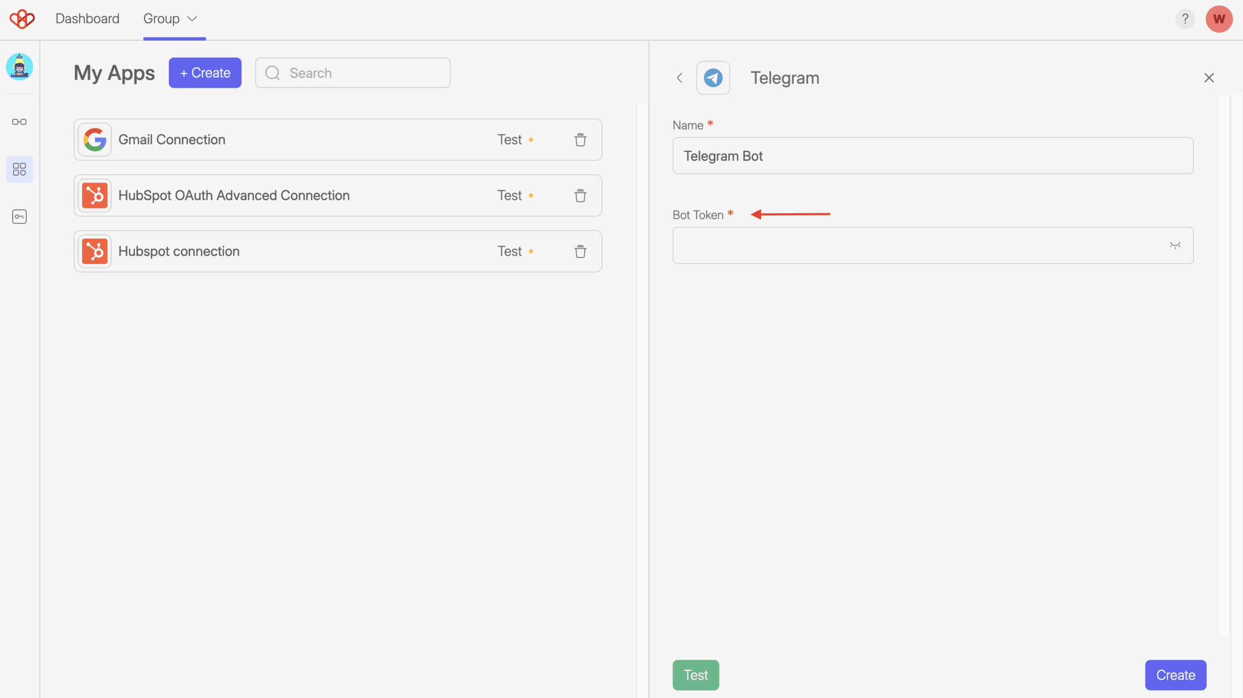 Telegram Bot Connection and Settings 4 A screenshot of the Wiresk platform showing the process of adding a Telegram Bot app. The user is prompted to enter the bot token.