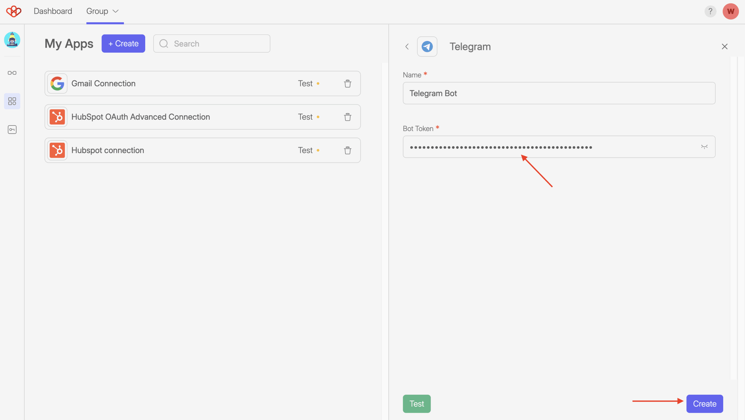 Telegram Bot Connection and Settings 7 A screenshot of the Wiresk platform showing the process of adding a Telegram Bot app. The user has entered the bot token.