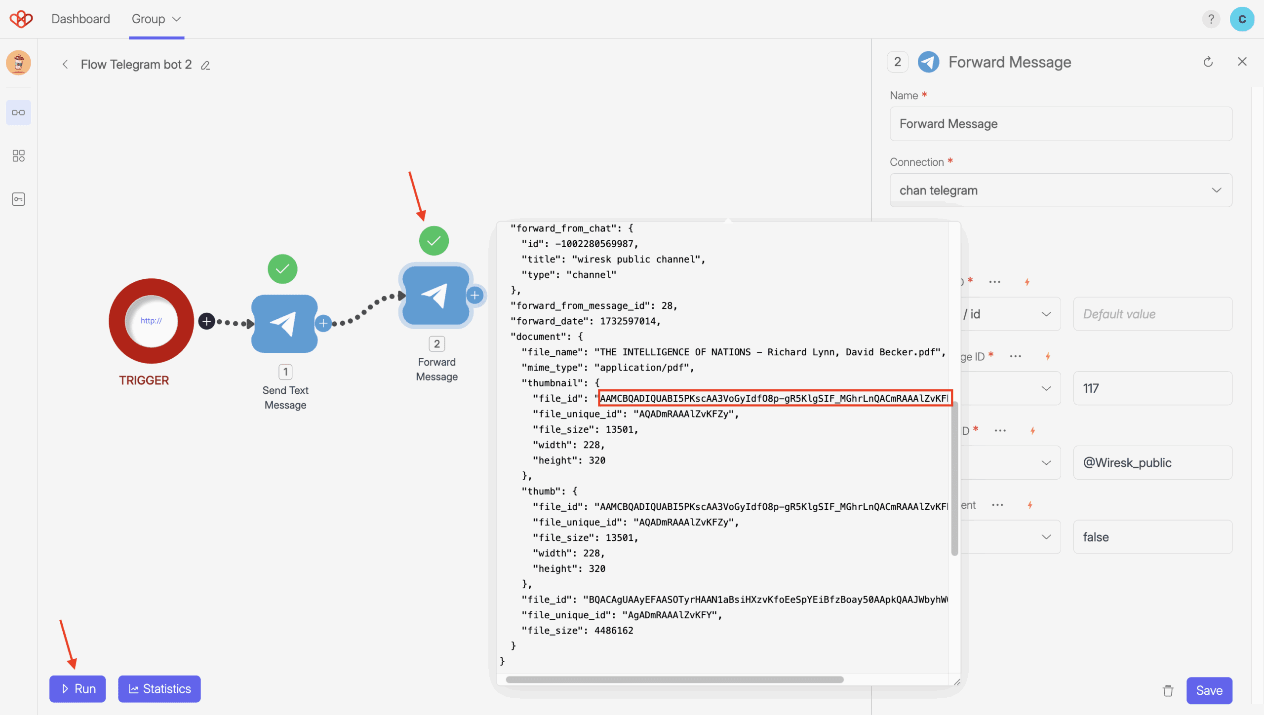 Telegram Bot Connection and Settings 18 Screenshot of Wiresk Flow Builder, showing the step response of forward a message Method.