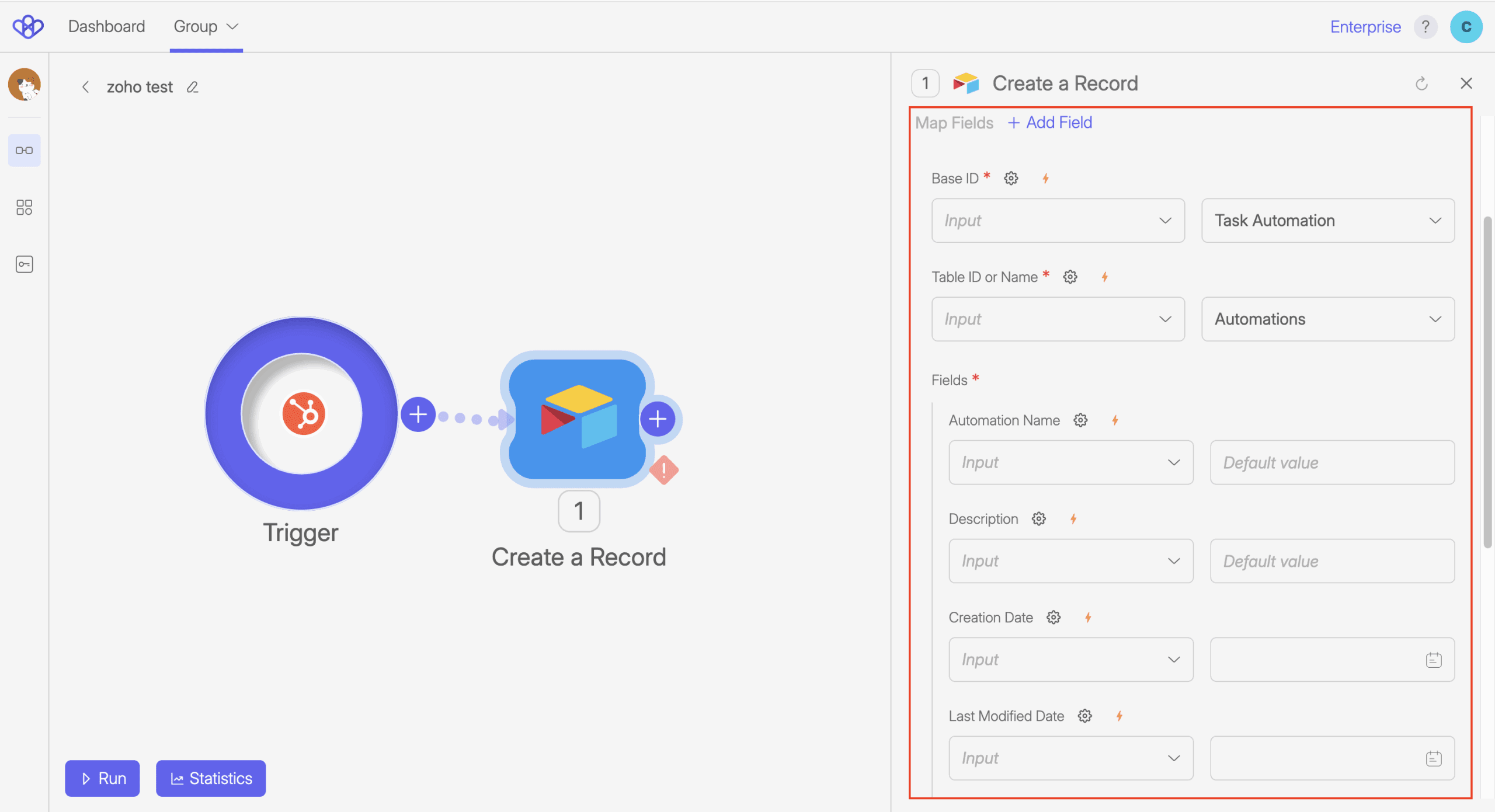 Screenshot of Wiresk Flow builder showing the setting of the Airtable Method "Create a record". A red  rectangle highlight the map fields.