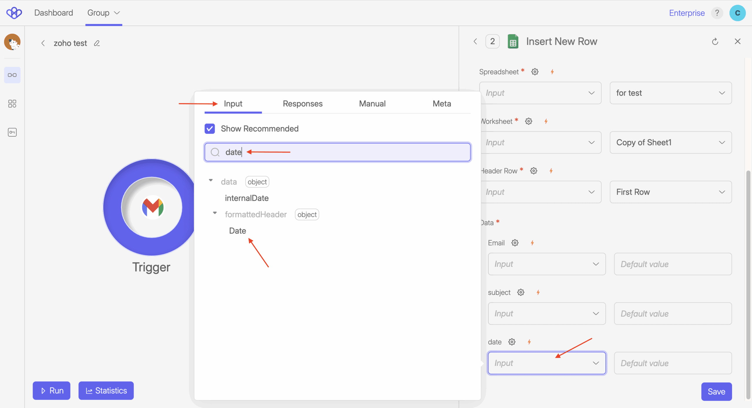 Screenshot of Wiresk Method setting from Google sheets called Insert New Row. its shows how to map data from Gmail Trigger, Receive new mail. Red arrows shows how to map the date field.