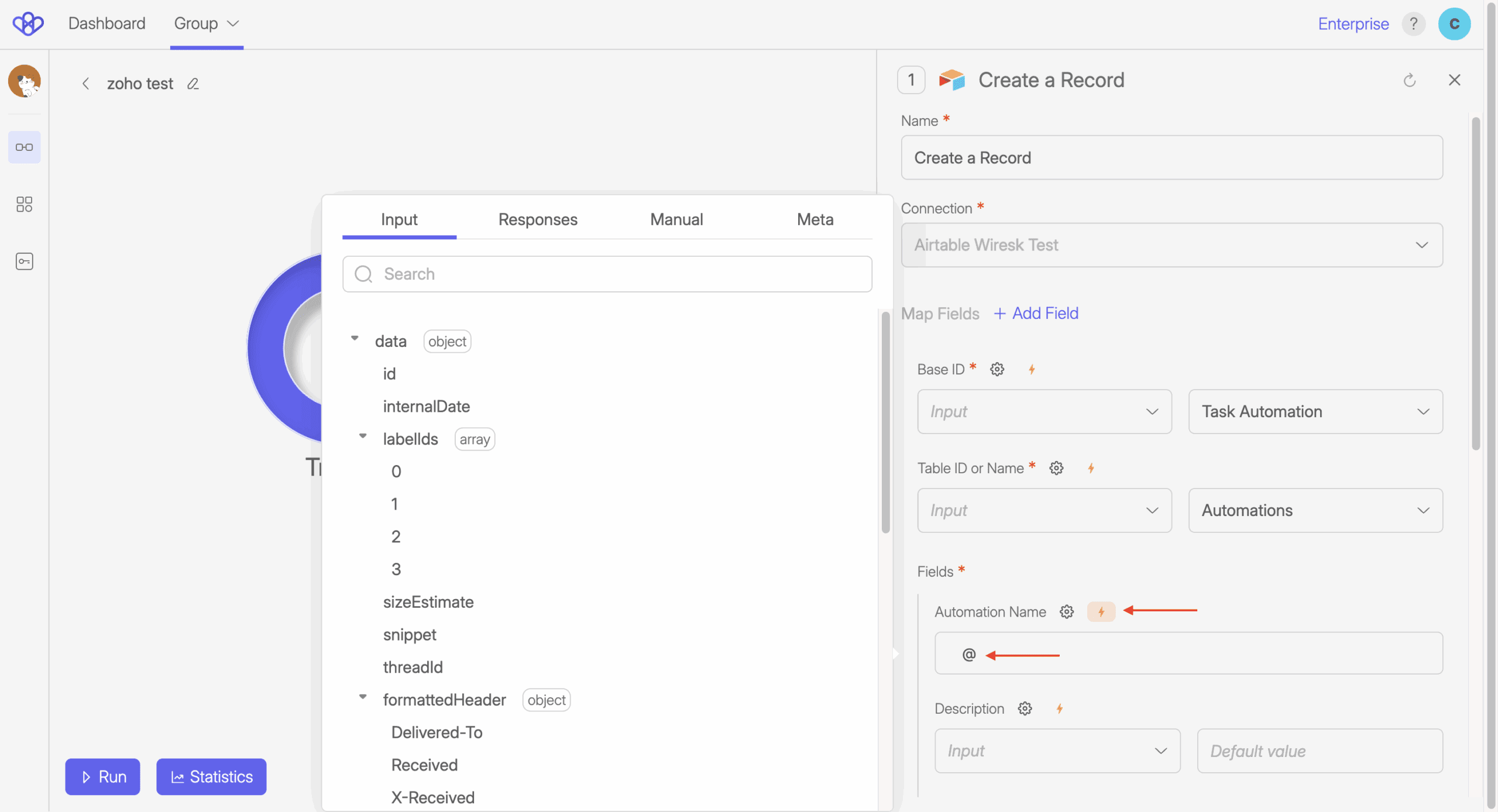 A screenshot of a configuration panel in Wiresk, highlighting the "Manual Input" option for the "Automation Name" field. Select the lightning bolt icon to enable the manual input with dynamic mapping by using @.