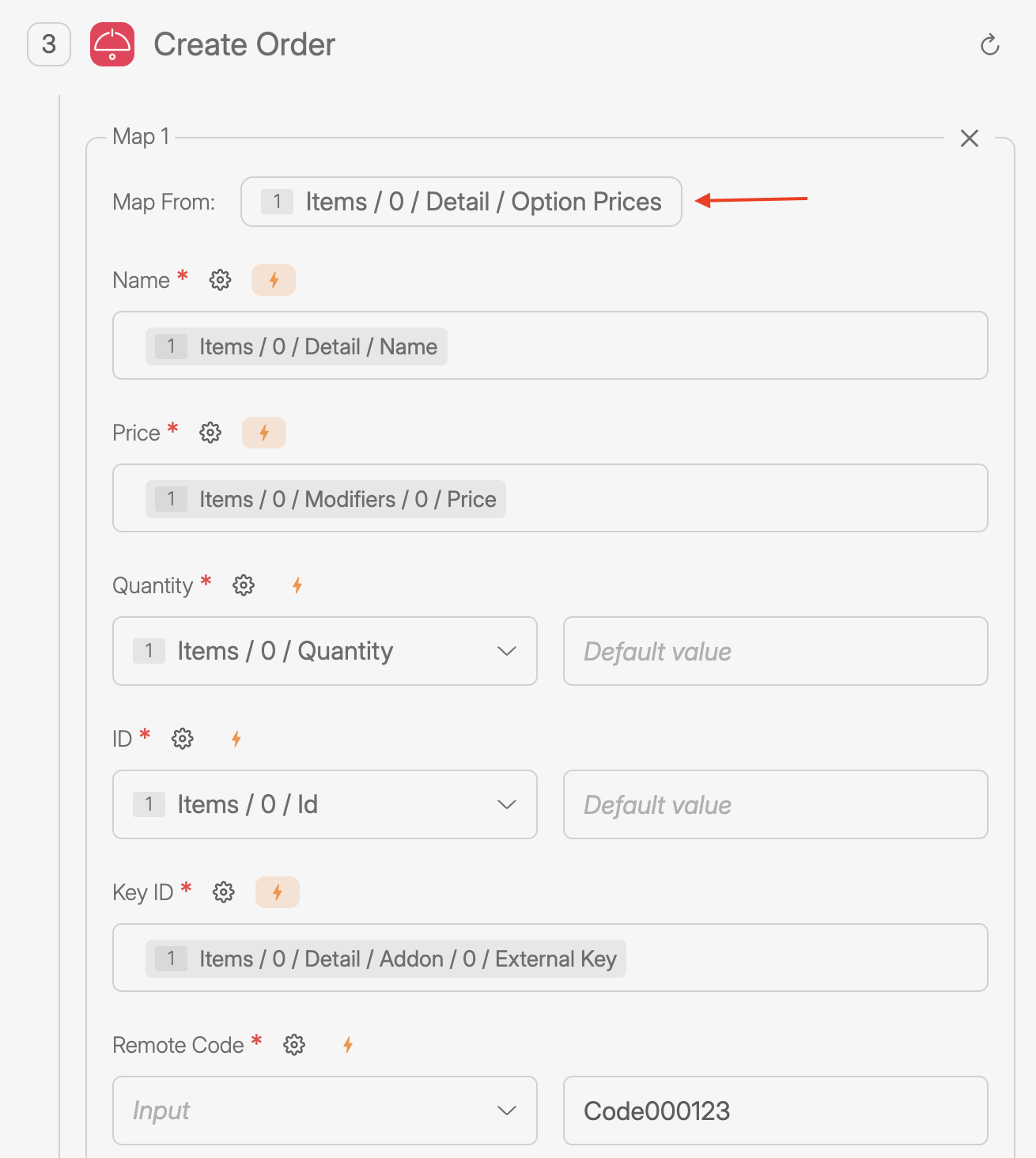 Screenshot of Field mapping setting.  Its shows different field mapped from Option prices array from a data source.