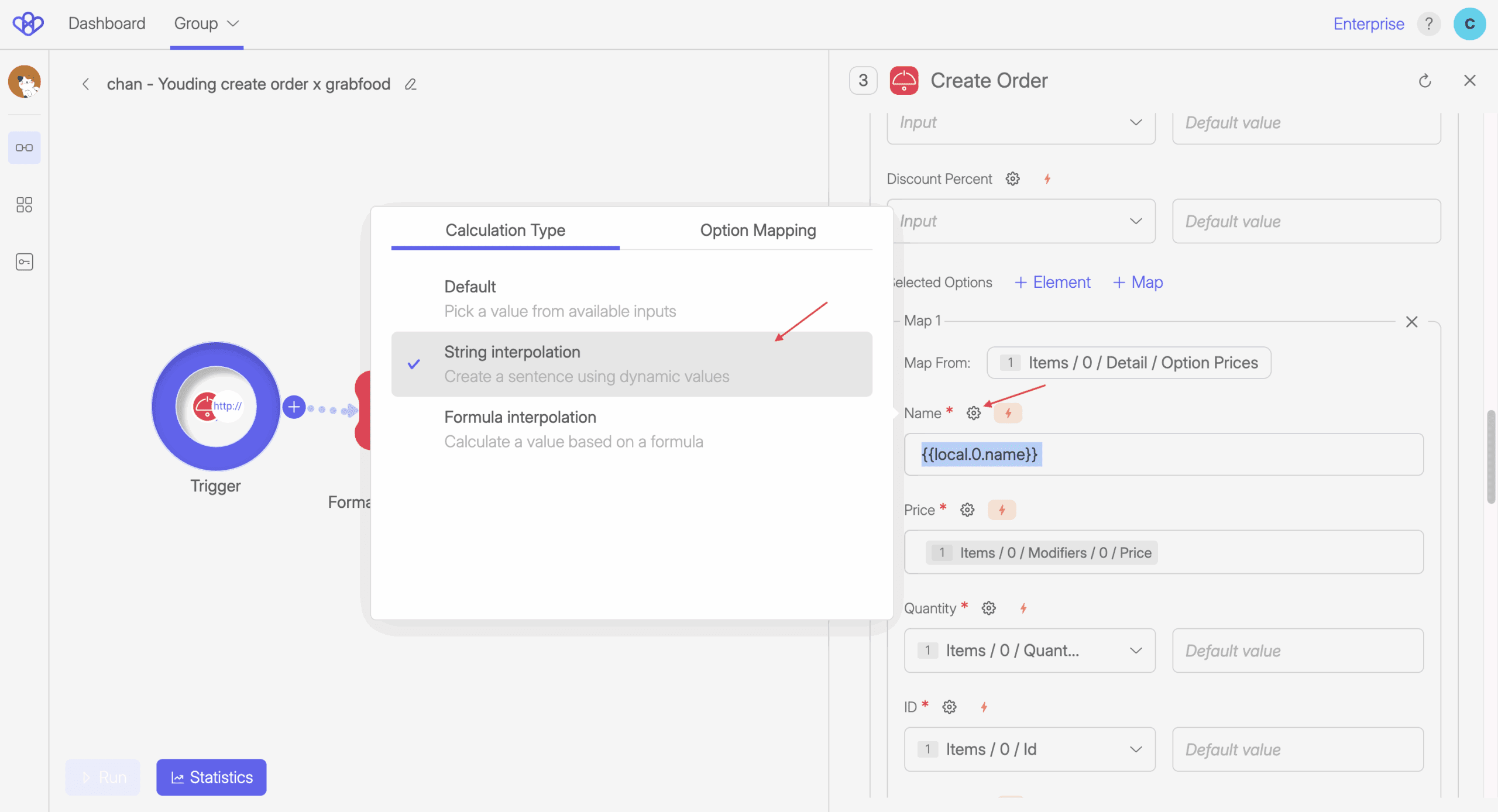 Screenshot of the Wiresk Flow builder. it shows the field settings when user Map a field manually, within a structured dataset. Red arrows point to the setting gear icon and to String interpolation choice.