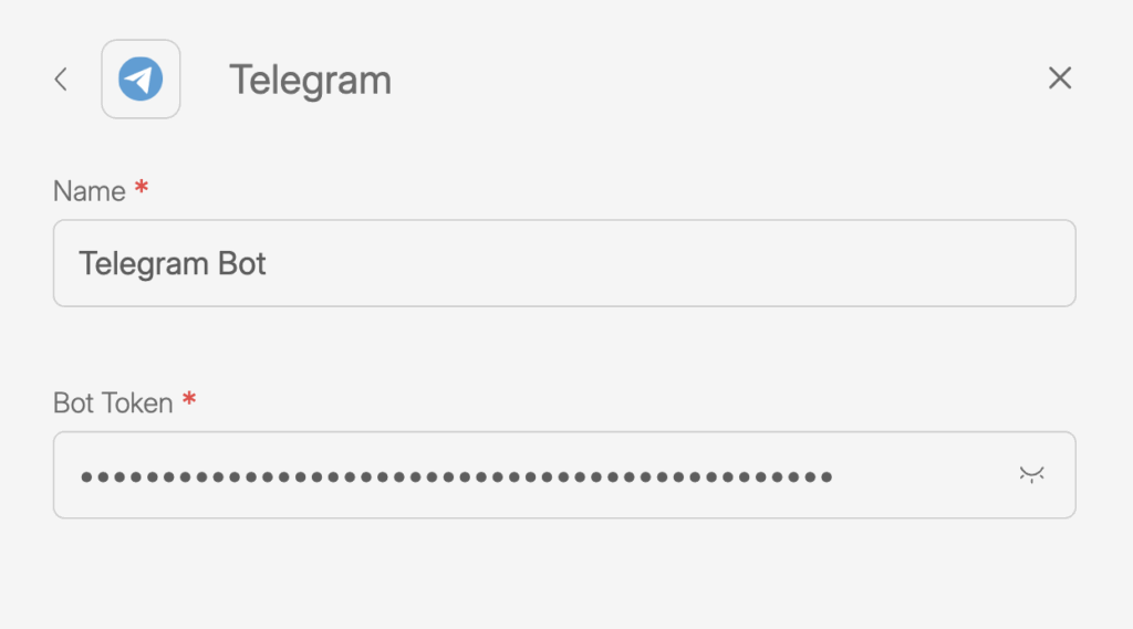 Telegram connection setup form in Wiresk. The form includes a required Name field filled with “Telegram Bot” and a required Bot Token field with hidden characters.