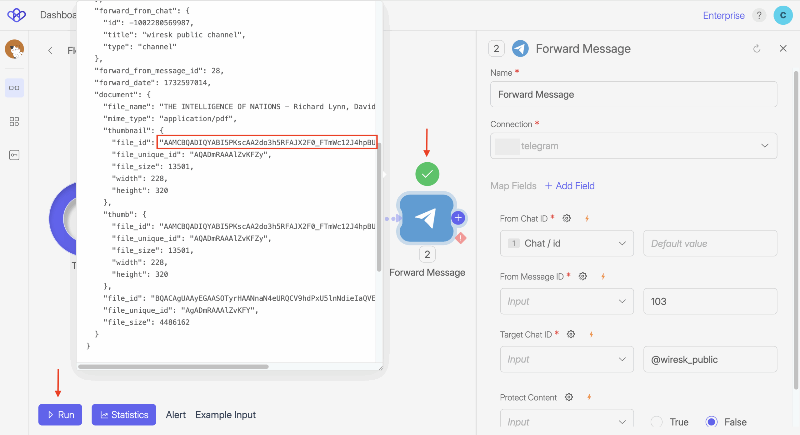 Screenshot of Wiresk Flow Builder, showing the step response of forward a message Method.
