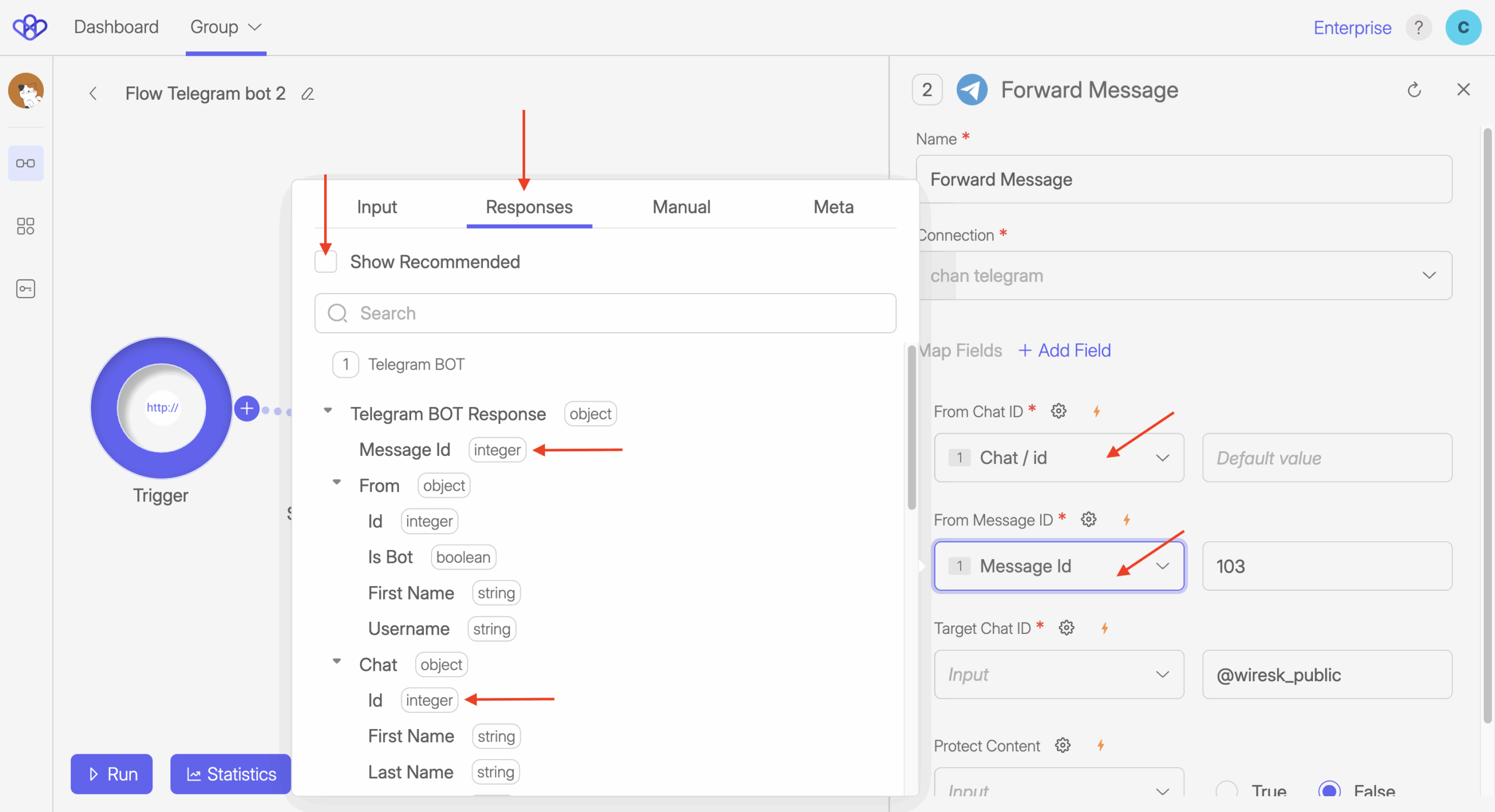 screenshot of wiresK interface builder, showing Method from Telegram boot, Send a text message.