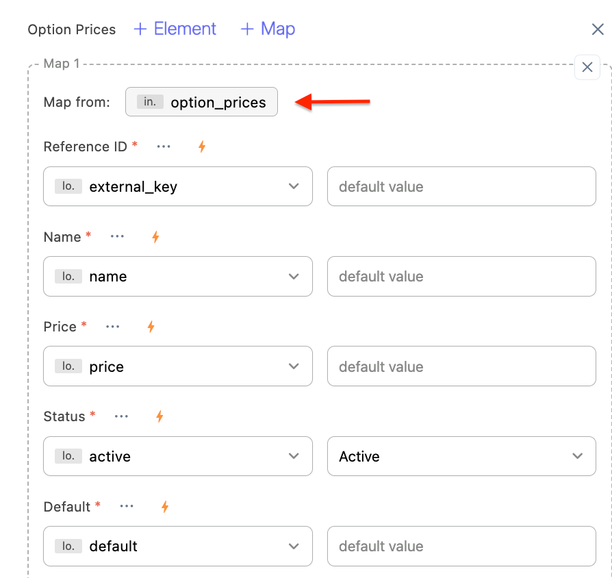 Field Mapping - How to Map a field 3 Screenshot of Field mapping setting. Its shows different field mapped from Option prices array from a data source.