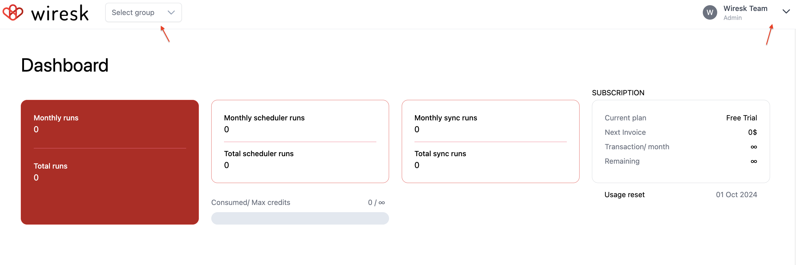 Screenshot of wiresk interface. Arrows shows where to click for selecting a group. 1 arrow point to "select group field" the other one point to "Wiresk team" admin profile.