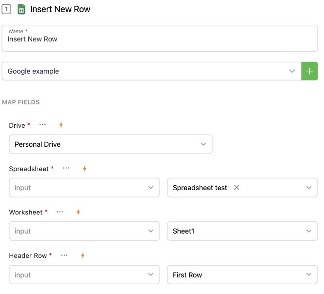 Screenshot of Google sheets insert new row setting screen. it shows different fields for setting up the Spreadsheet, the worksheet and the header row.