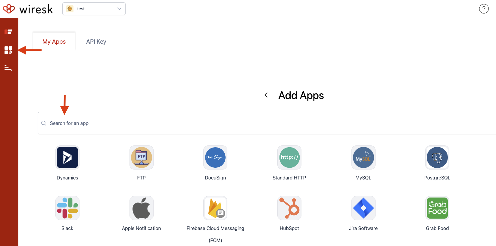 Screenshot of Wiresk Add Apps screen. red arrows point to my apps tab and the search bar.