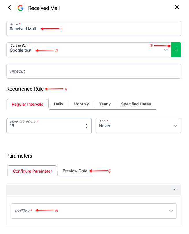 Screenshot of the Trigger "received Mail" settings. Numbered red arrows are pointing to different fields to help user for setting up the Trigger.