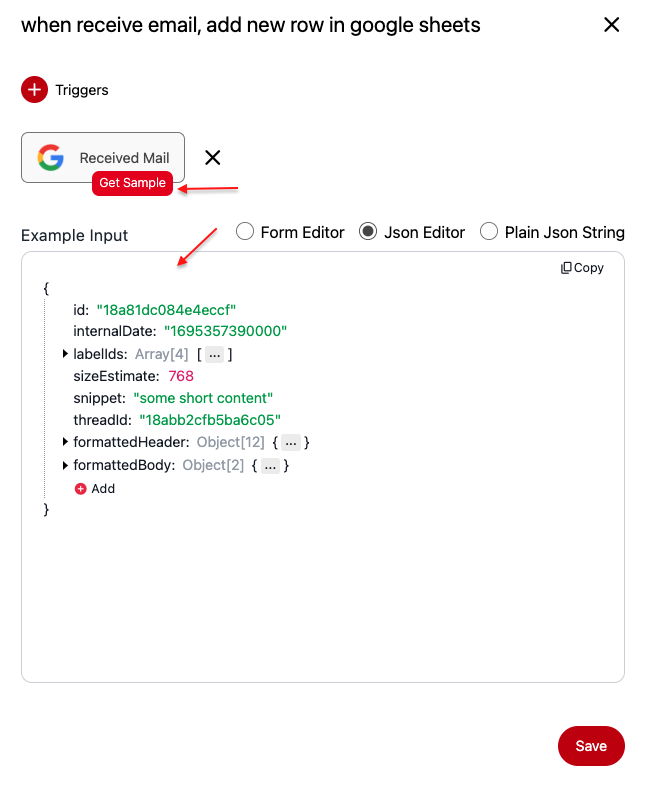 Screenshot of Flow setting for adding Triggers. It shows arrows pointing to "Get Sample" button and to the example input.