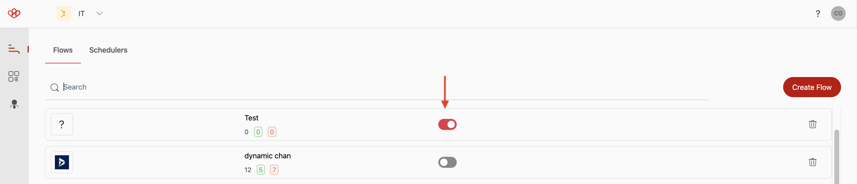 Screenshot of Wiresk Flow management. Arrow show where to select to deactivate or activate a Flow.