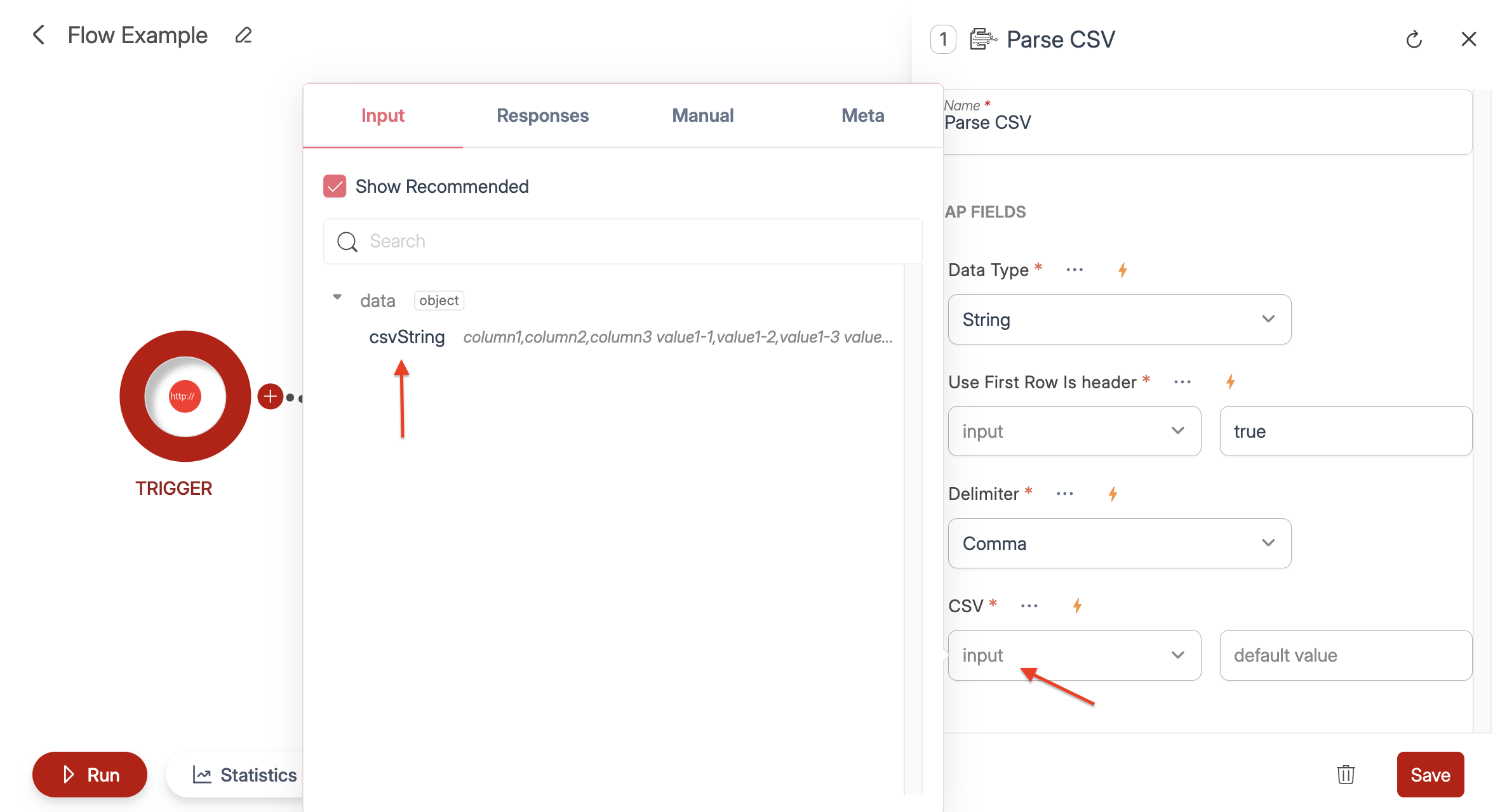 Screenshot of Wiresk Flow Builder. It shows the Parse CSV Tool screen setting. It is set to Data type String. Red arrows show where to select to Map the CSV string previously created.