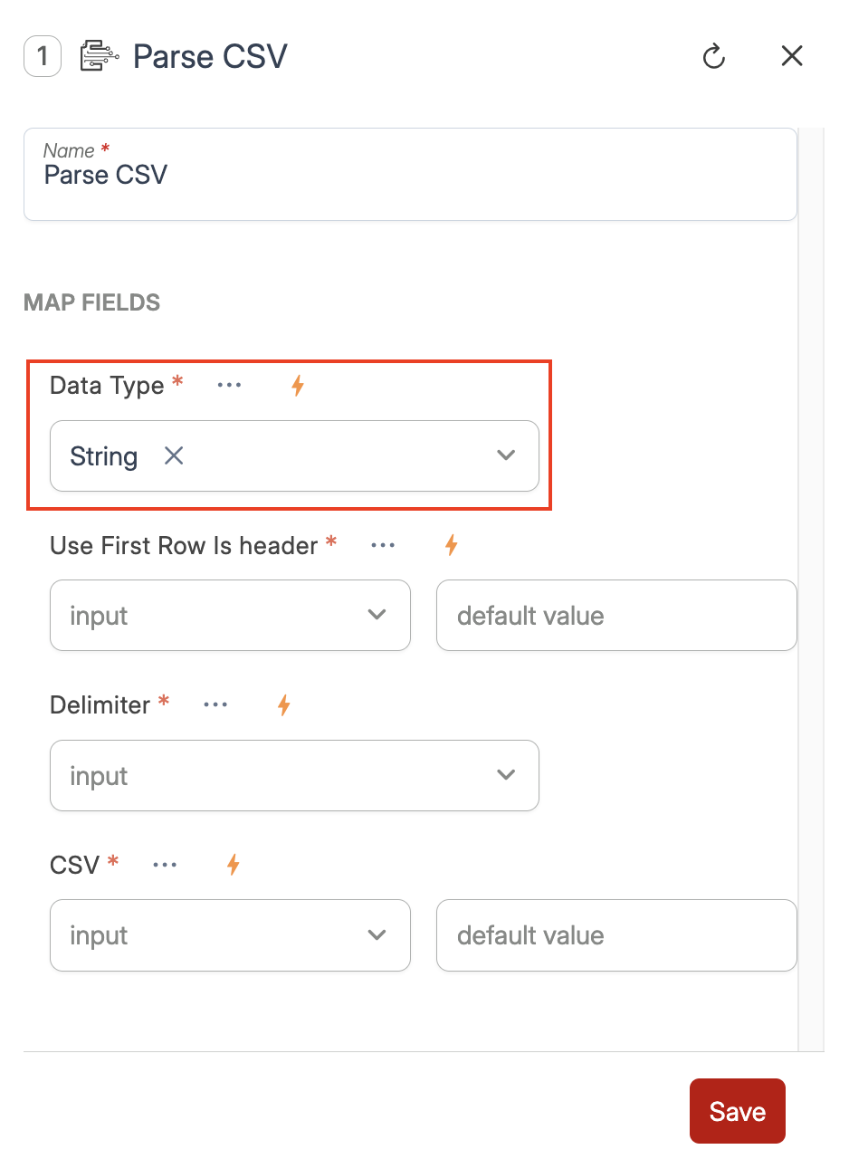 Screenshot of Parse CSV tool screen settings. A red square highlight the Data type field set to String. 