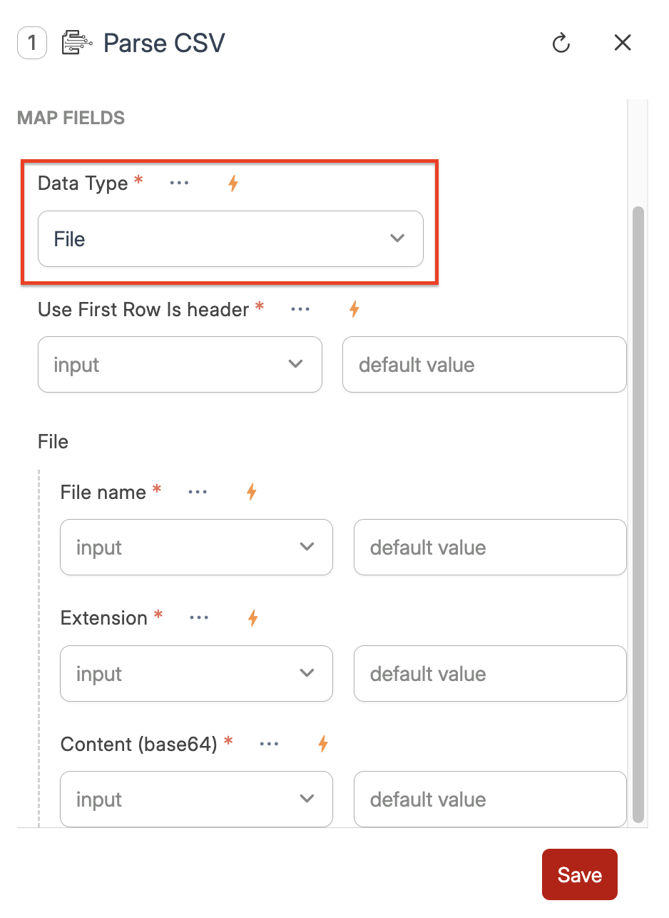 Screenshot of Parse CSV tool screen settings. A red square highlight the Data type field set to File. 