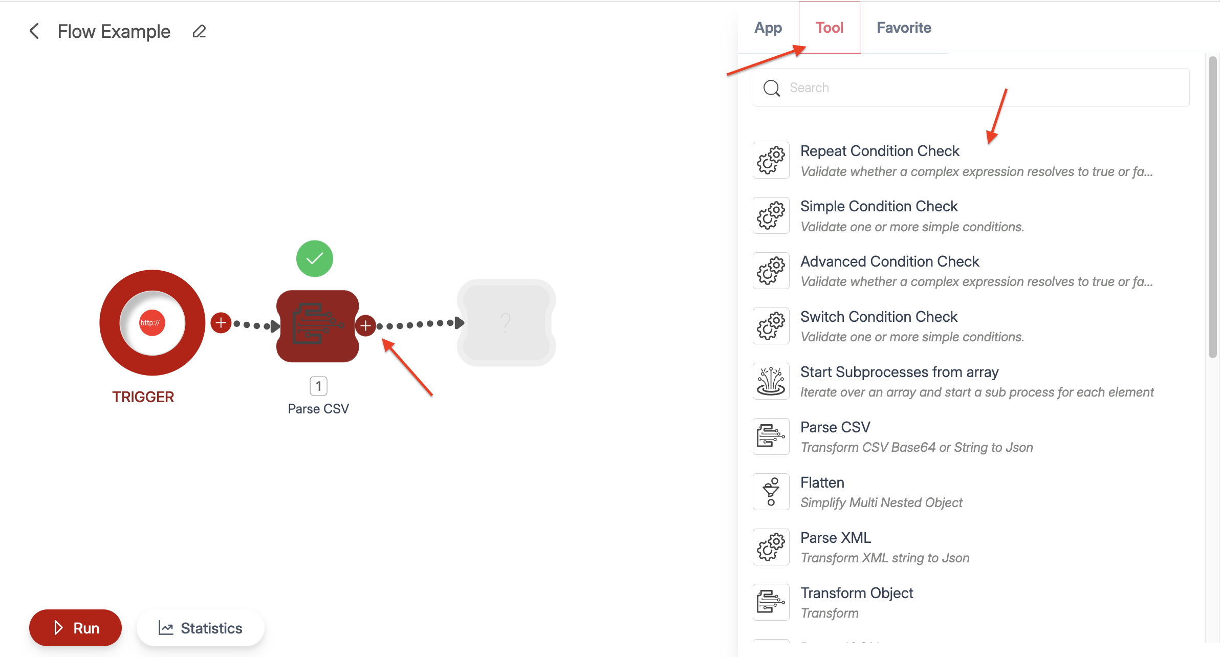 Screenshot of Wiresk Flow Builder. It shows how to add Tools in your Flow. Red arrows show where to select to reach the list of Tools.