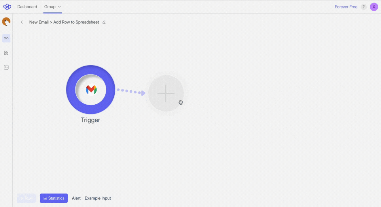Animated image Gif of Wiresk Flow builder, shows how to select the Method from Google Sheets, "Insert new Row".