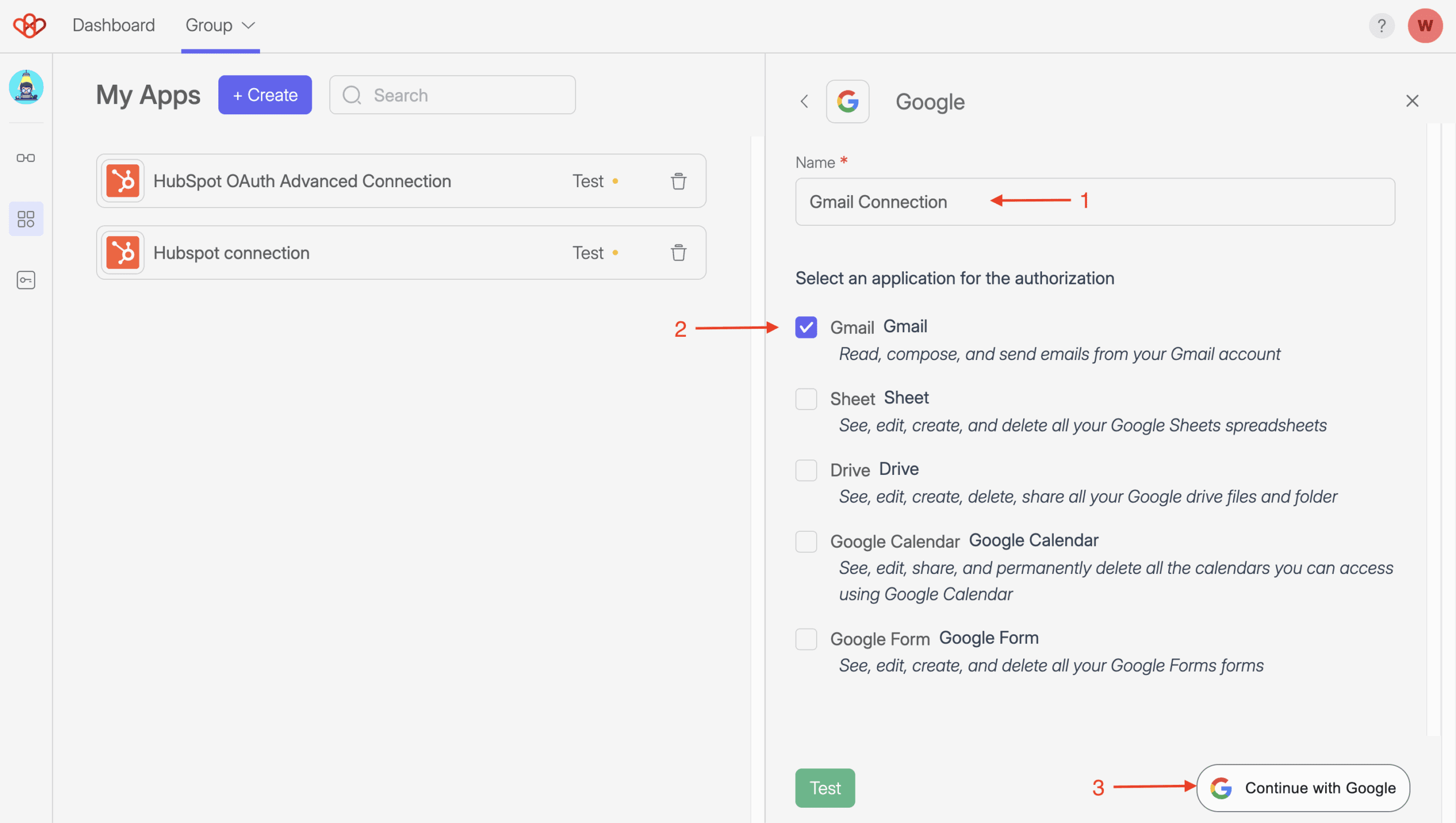 Gmail Connection and Settings 3 Screenshot of add apps settings in Wiresk.It shows the configuration of Google connection apps.