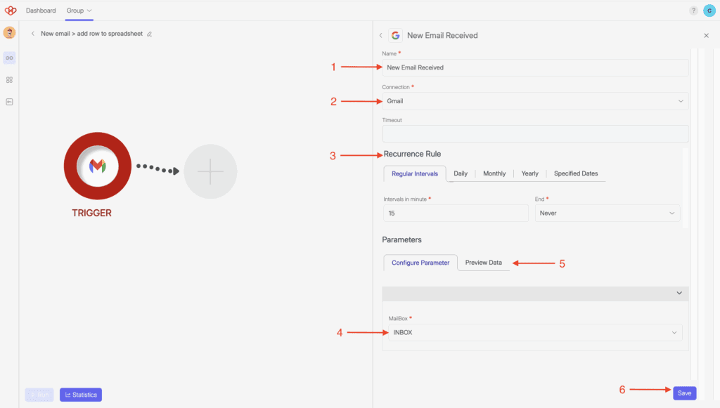 How to create a Flow in Wiresk 2 Screenshot of the Trigger "received Mail" settings. Numbered red arrows are pointing to different fields to help user for setting up the Trigger.