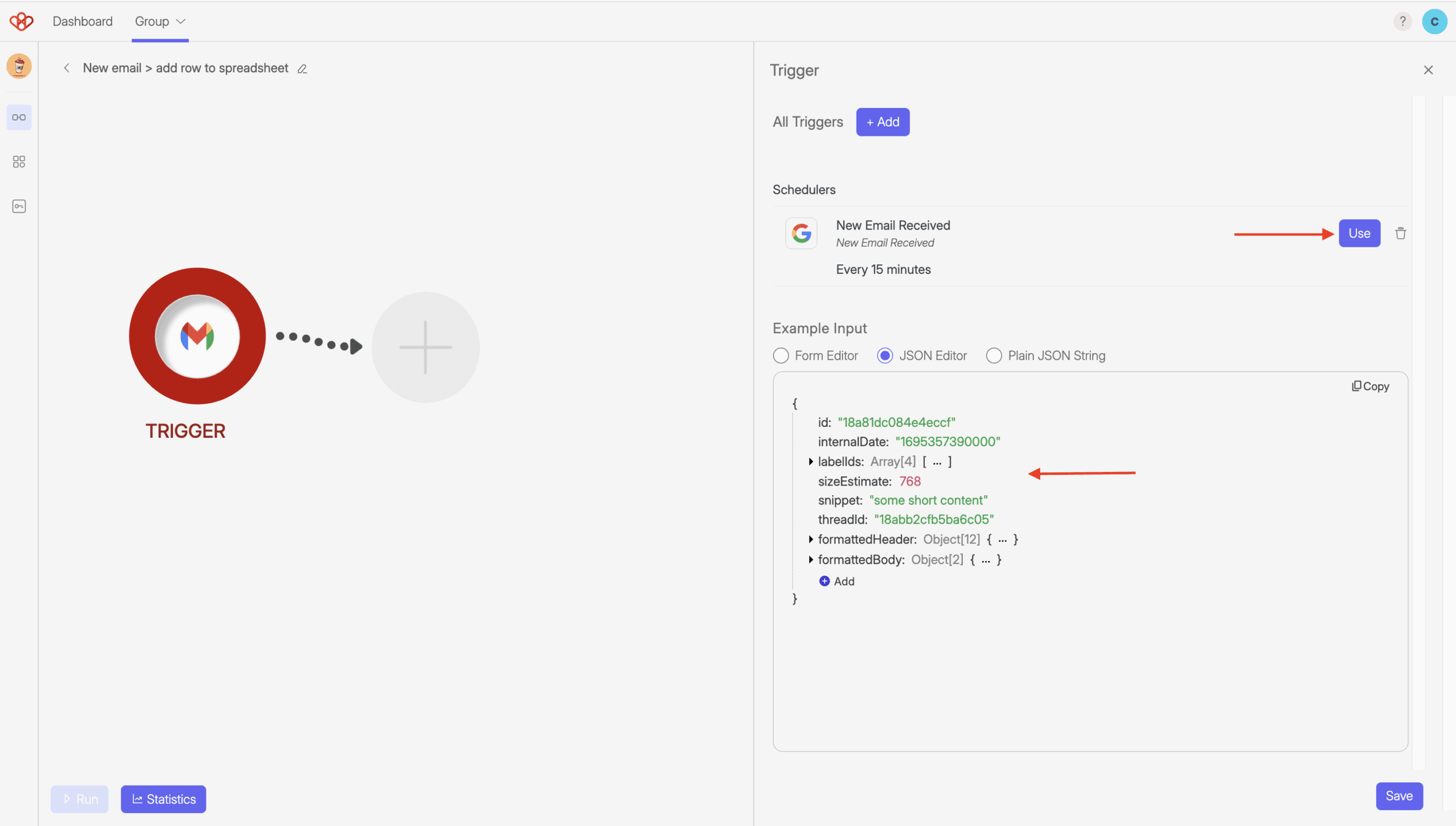 How to Create a Flow 3 Screenshot of Flow setting for adding Triggers. It shows arrows pointing to "Get Sample" button and to the example input.