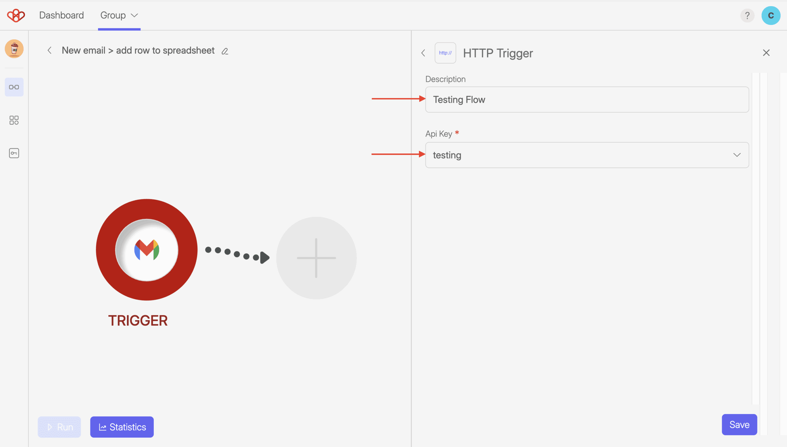 How to Create a Flow 5 Screenshot of HTTP Trigger setting screen. Arrows shows fields that need to be filled and selected for the settings. User need to add a description, select or create an API key.