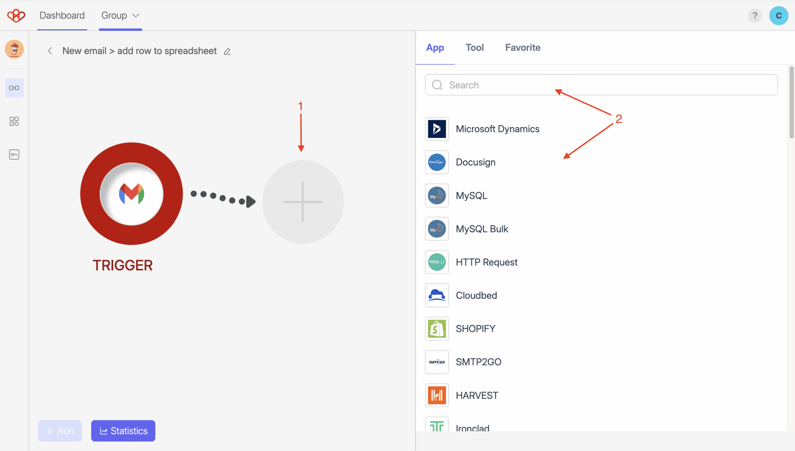 How to Create a Flow 6 Screenshot of Wiresk Flow builder. Red arrow shows where to click to add a Method.