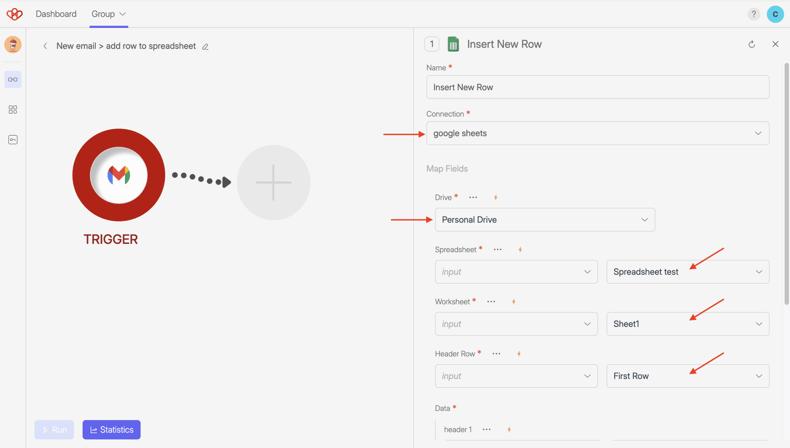 How to Create a Flow 8 Screenshot of Google sheets insert new row setting screen. it shows different fields for setting up the Spreadsheet, the worksheet and the header row.