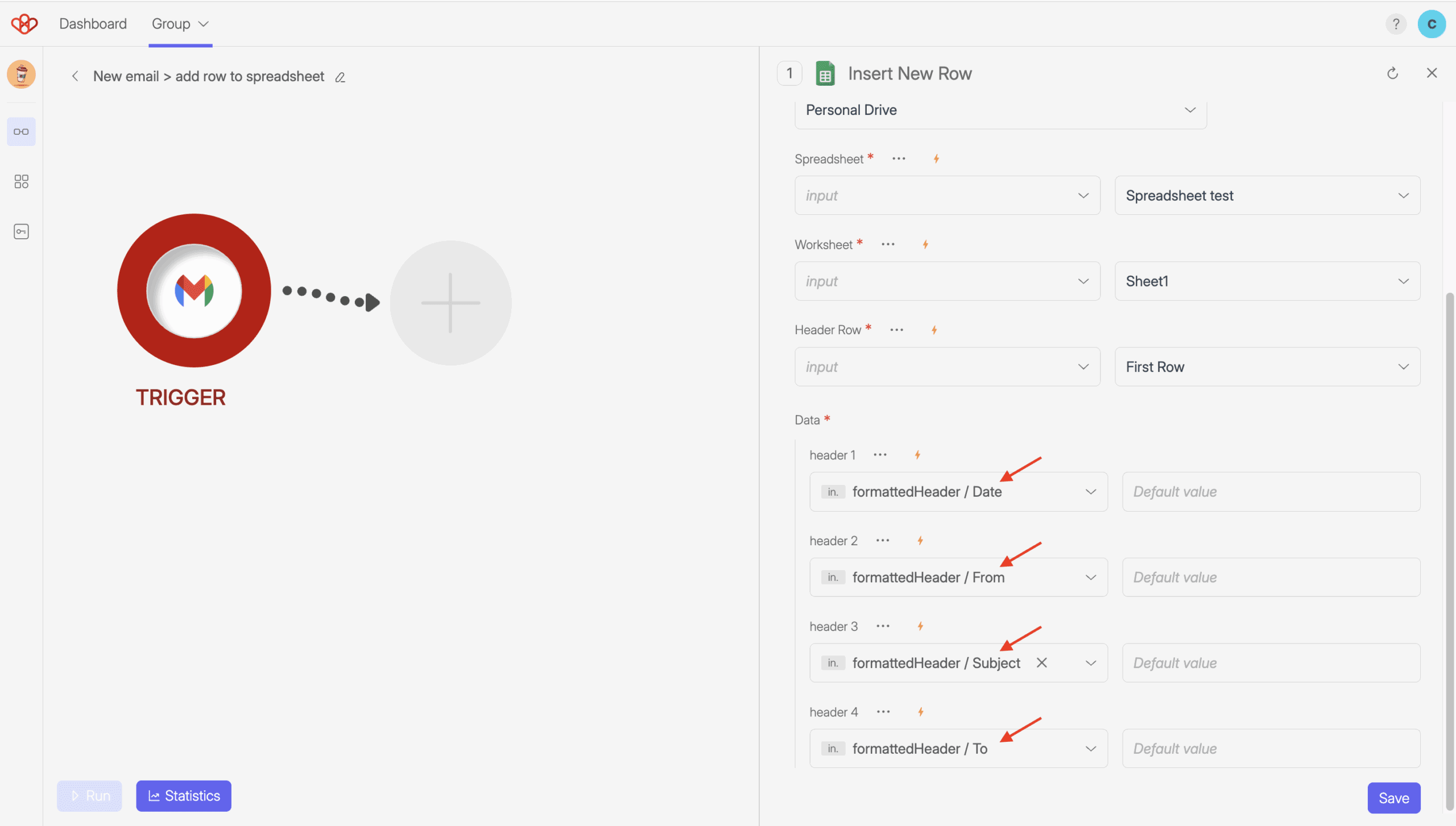 How to Create a Flow 10 Screenshot of wiresk Method setting from google sheets. It shows fields to map data from the Trigger. Arrows shows input field for mapping data from a step response and default value for a manual entry.