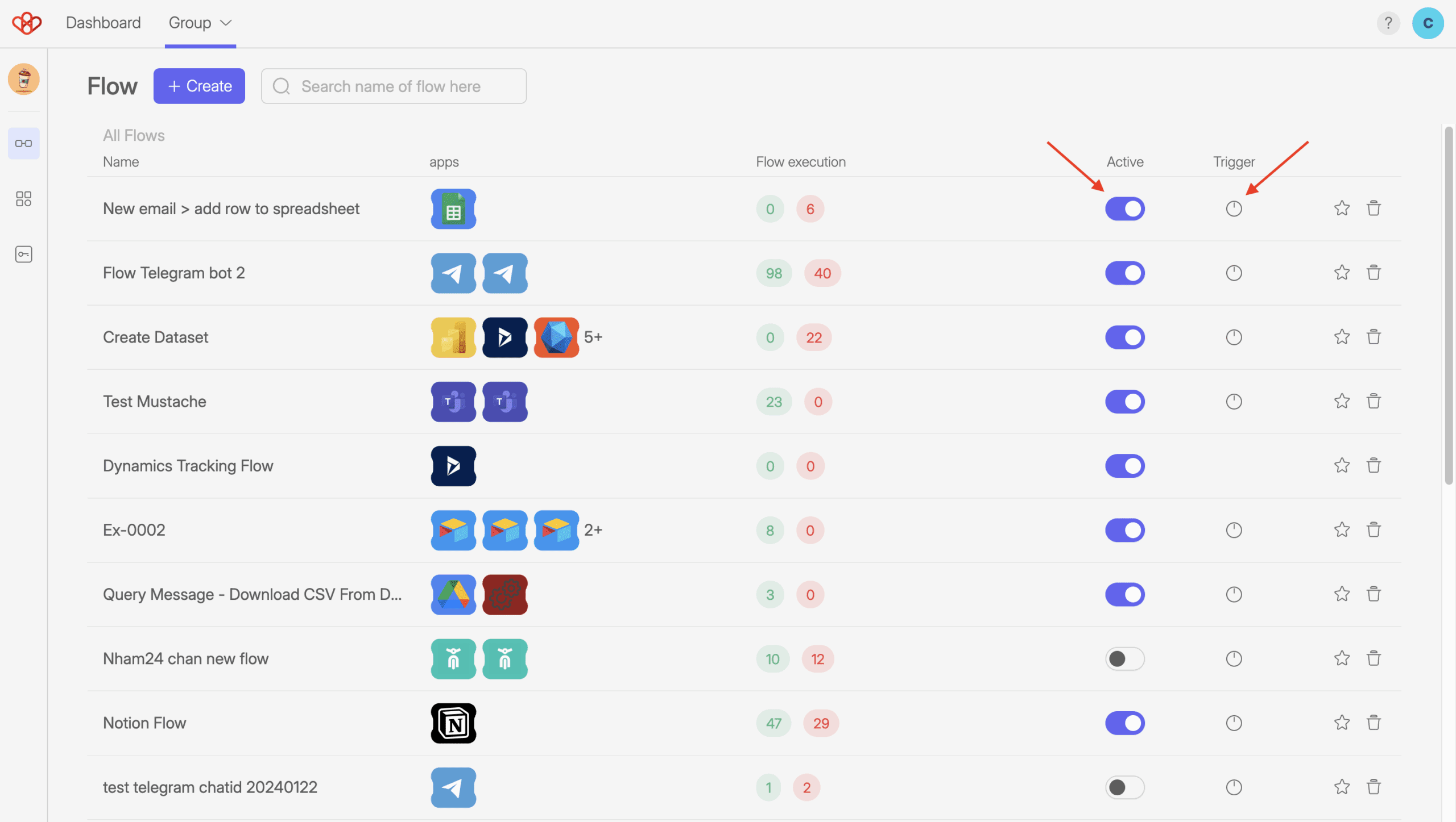 How to Create a Flow 12 Screenshot of Wiresk Flow management. Arrows show where to select to deactivate or activate a Flow. and where to select to get the Triggers list use in a specific flow.
