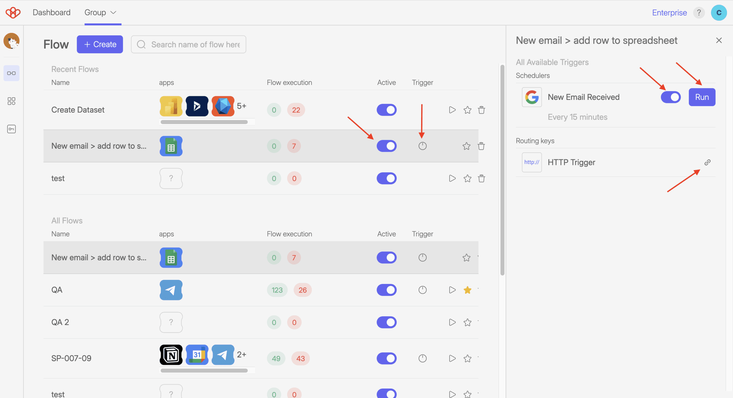 Screenshot of Wiresk Flow management. Arrows show where to select to deactivate or activate a Flow, and where to select to get the Triggers list use in a specific flow. In the Trigger management panel, red arrows, show where to deactivate a trigger, to force run the scheduled Trigger, and to copy the routing key.