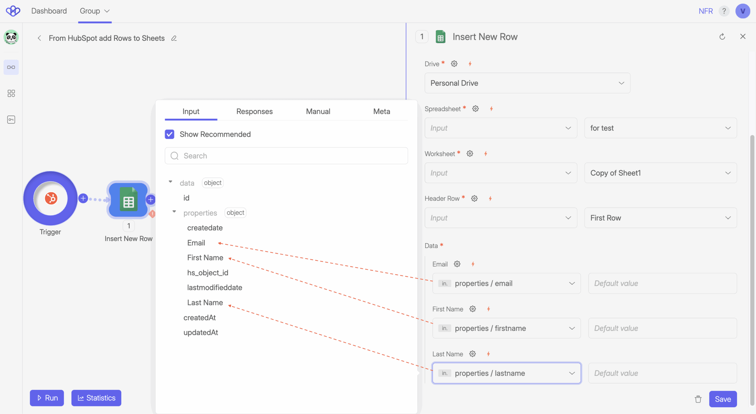 Wiresk Flow Builder interface showing a Flow from a HubSpot Trigger to a Google Sheets 'Insert New Row' Method. The right panel displays field mapping where HubSpot contact properties like email, first name, and last name are dynamically mapped to corresponding columns in the spreadsheet using data paths such as 'properties/email'.