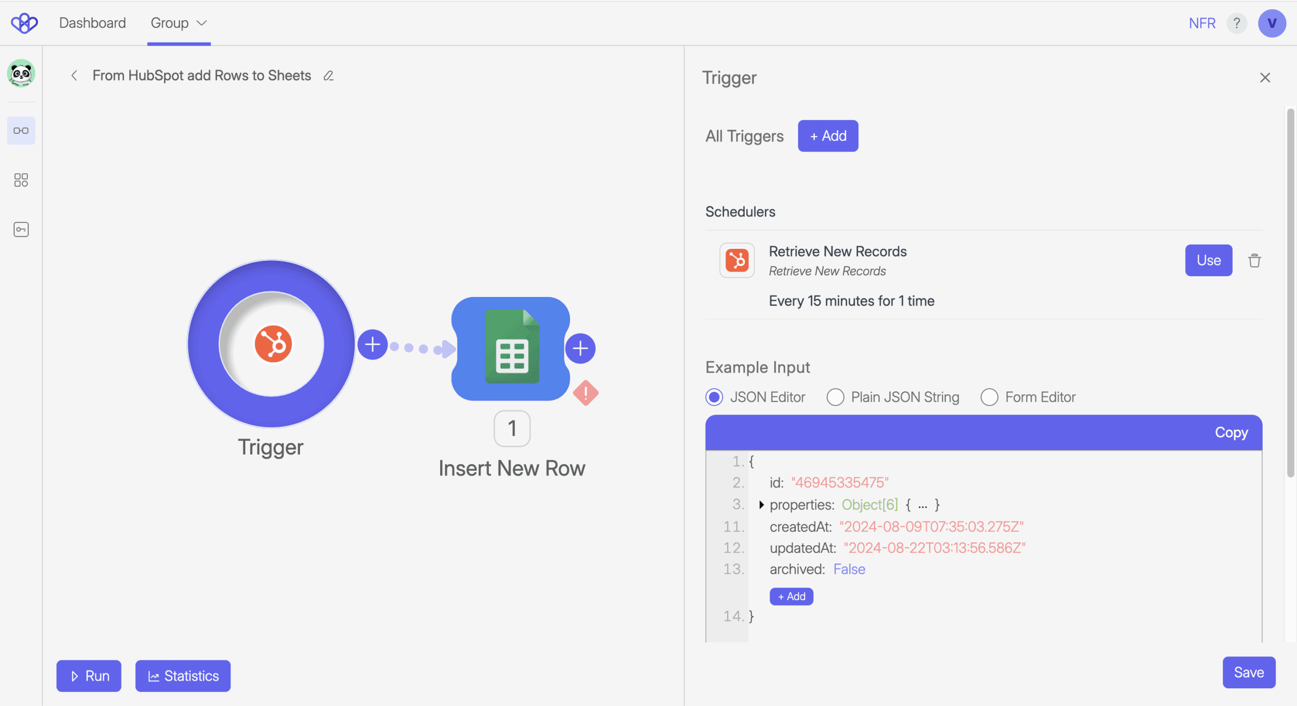 Wiresk Flow Builder interface showing the Run panel with options for JSON input and two tabs: Run Flow and Run Scheduler. The Flow includes an HTTP Trigger and three steps for creating records in Odoo and Microsoft Dynamics. The right panel allows manual input and execution of the Flow for testing purposes.