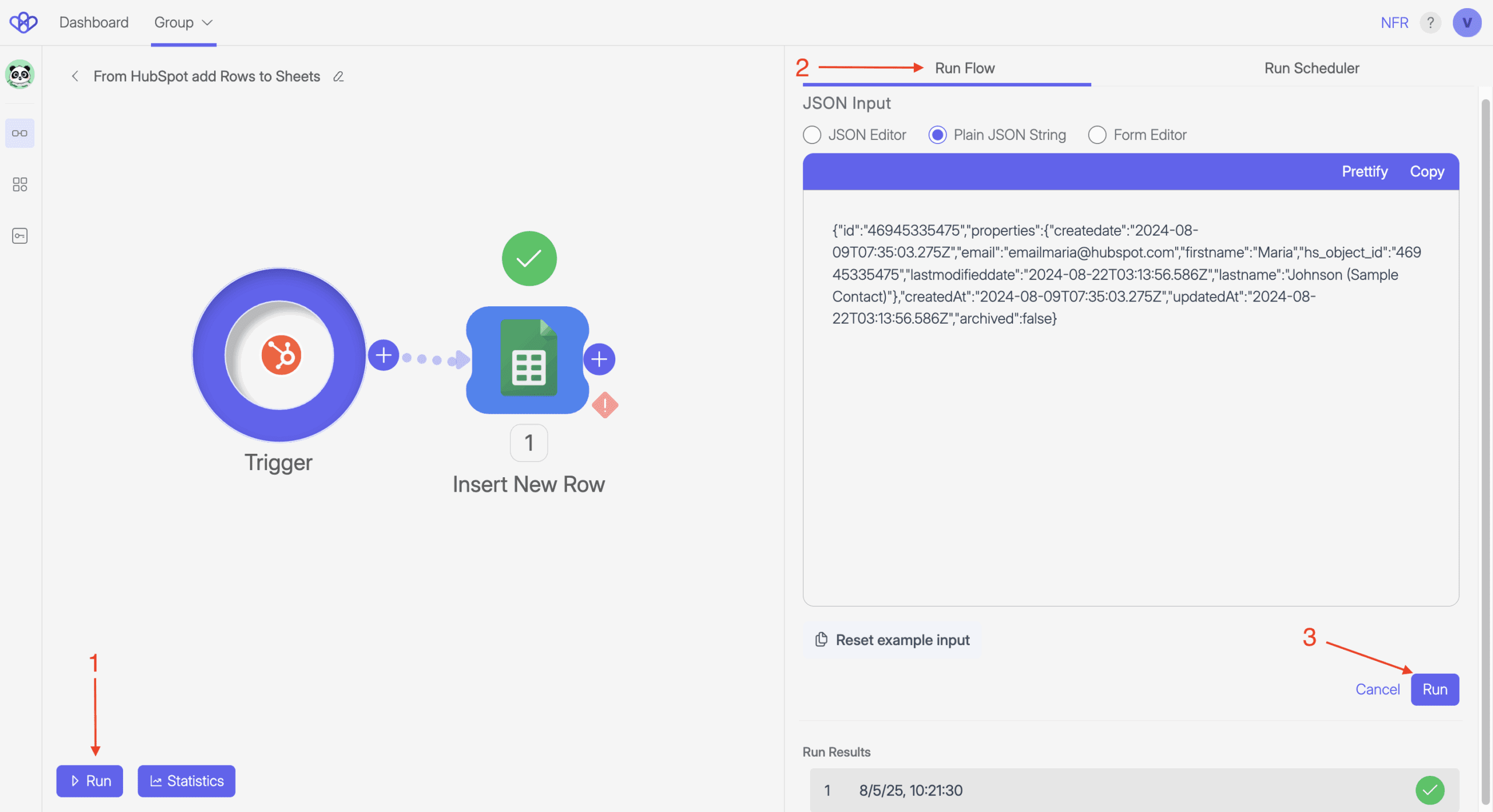 Wiresk Flow Builder showing a Flow from a HubSpot Trigger to a Google Sheets 'Insert New Row' Method. The right panel is open to the Run Flow tab, with a JSON payload prefilled for manual testing. The bottom left shows the Run and Statistics buttons, while the Run Results area displays a successful execution timestamp.