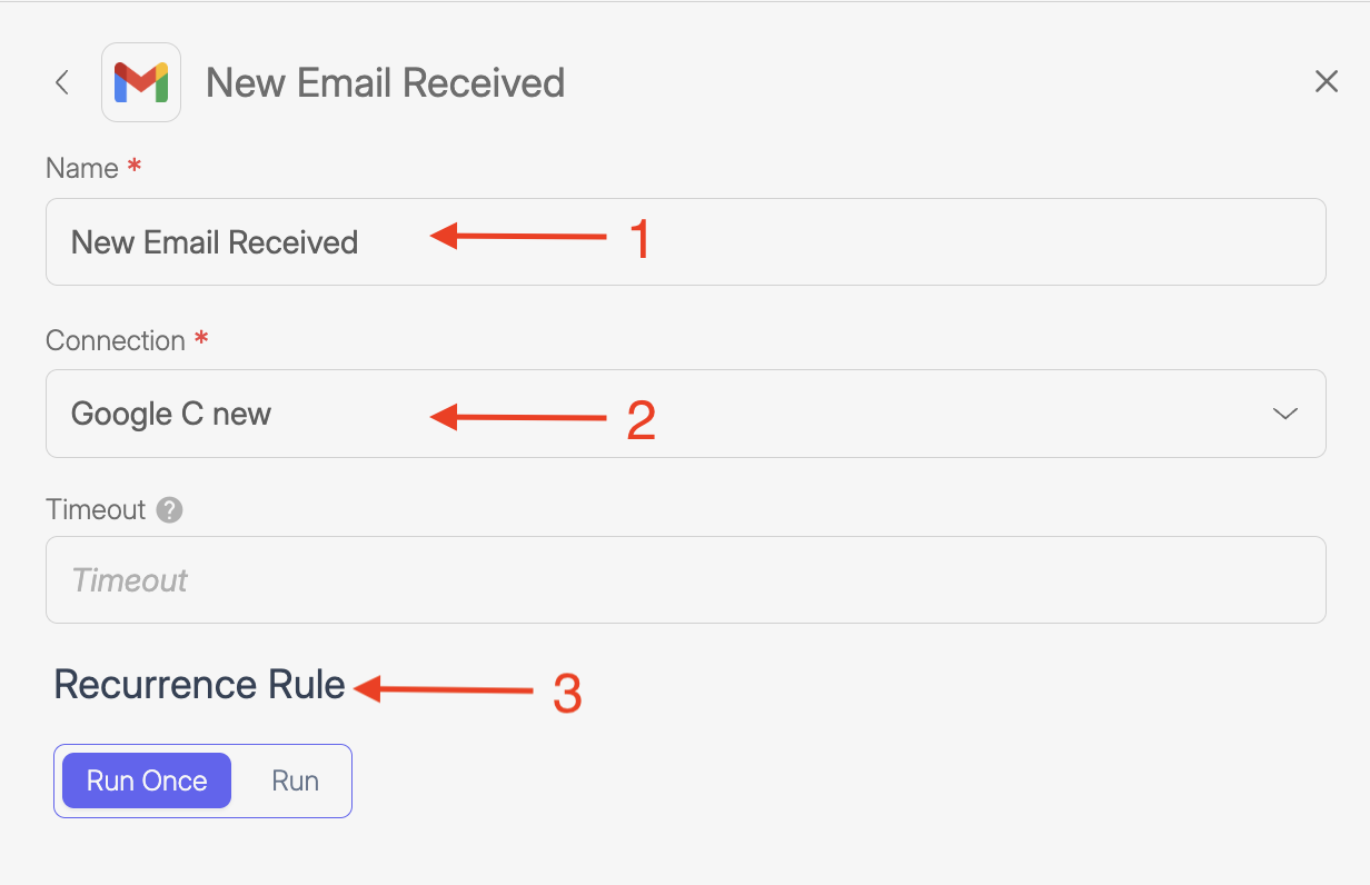 Screenshot of the Trigger configuration panel for Gmail. Red arrows indicate the Name field labeled “New Email Received,” the Connection dropdown set to “Google C new,” and the Recurrence Rule section, where users can set how often the Trigger checks for new emails.