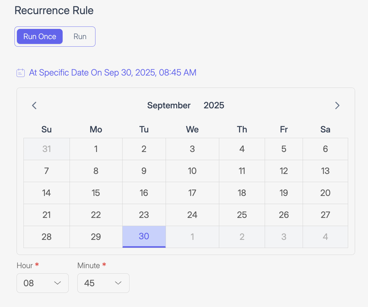 Screenshot of the Recurrence Rule editor showing a date picker. Red arrows mark the time selection fields for hour and minute, allowing the user to define exactly when the Trigger should run.