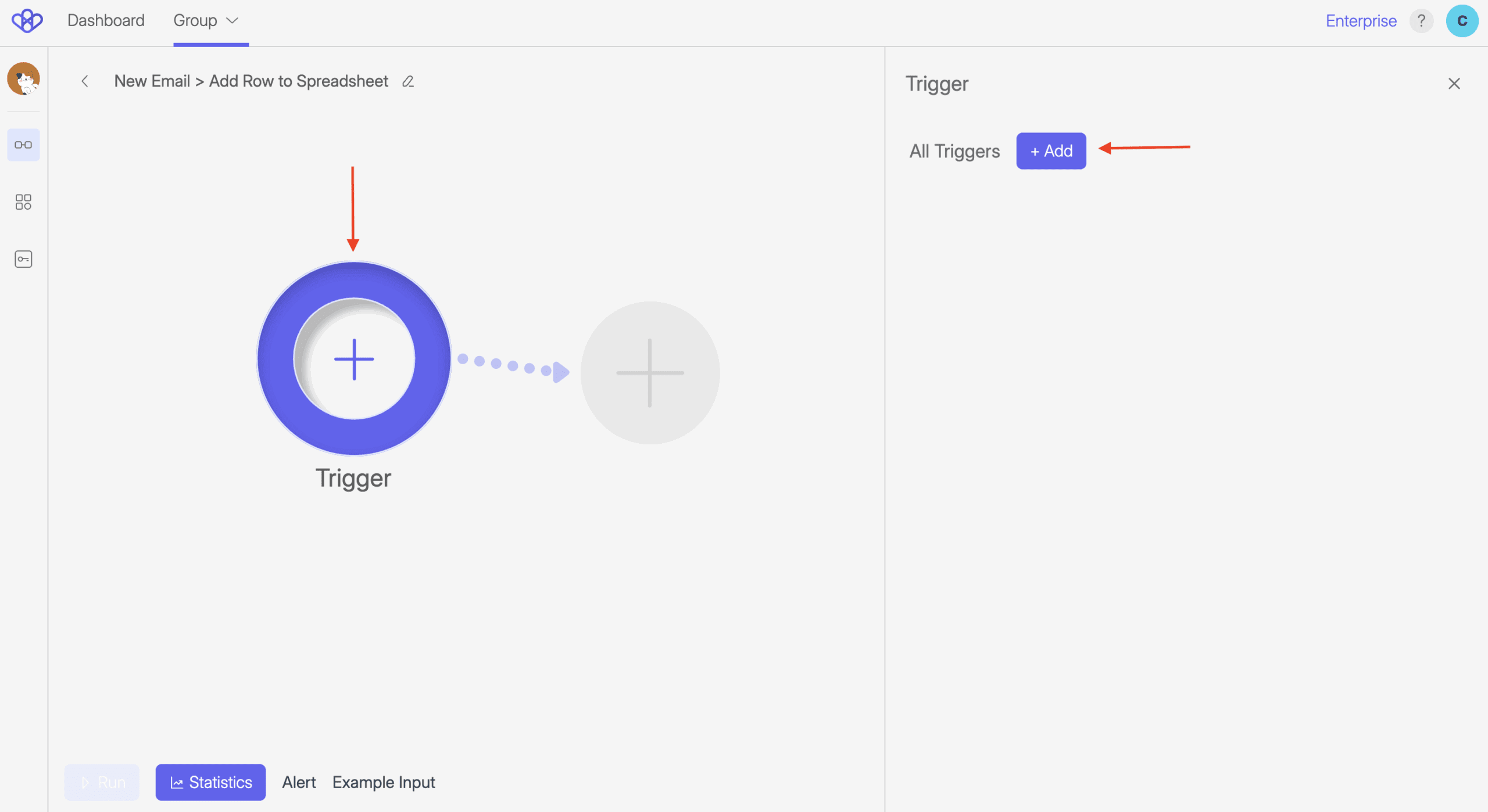 Screenshot of Wiresk Flow Builder with a new Flow in progress. The large blue Trigger circle is shown on the canvas with a red arrow pointing to the “+ Add” button in the right panel under “All Triggers,” where users can select the first Trigger to start the Flow.