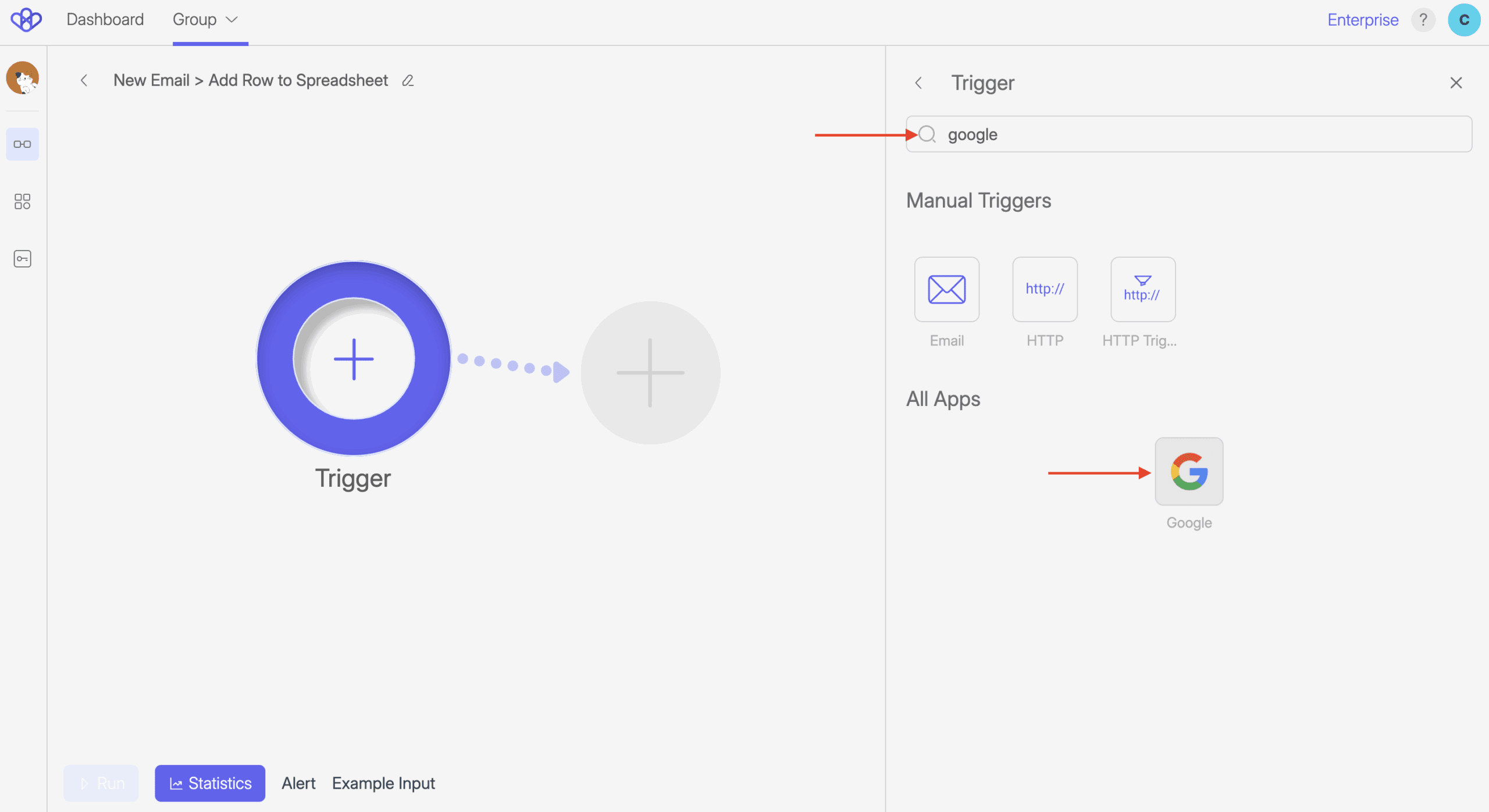 Screenshot of Flow Builder’s Trigger selection panel. A red arrow highlights the search bar where “google” is typed, and another arrow points to the Google app icon listed under “All Apps,” indicating the next step of choosing a Google-related Trigger.