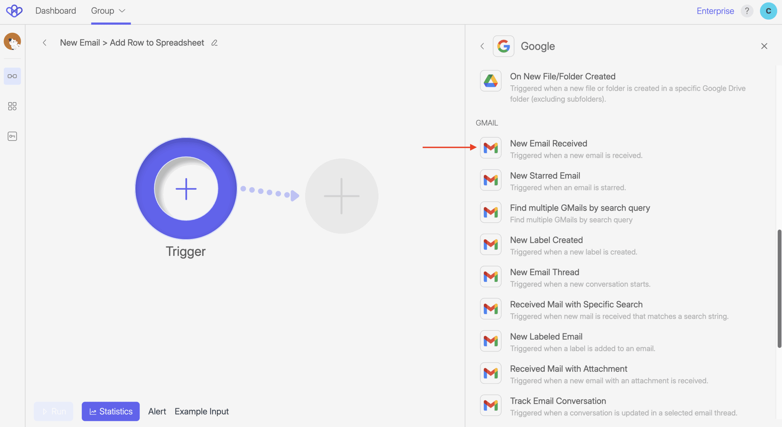 Screenshot of Flow Builder displaying the available Google Triggers. The Gmail section is expanded, and a red arrow points to the “New Email Received” Trigger option, which can be used to start the Flow when a new email arrives.