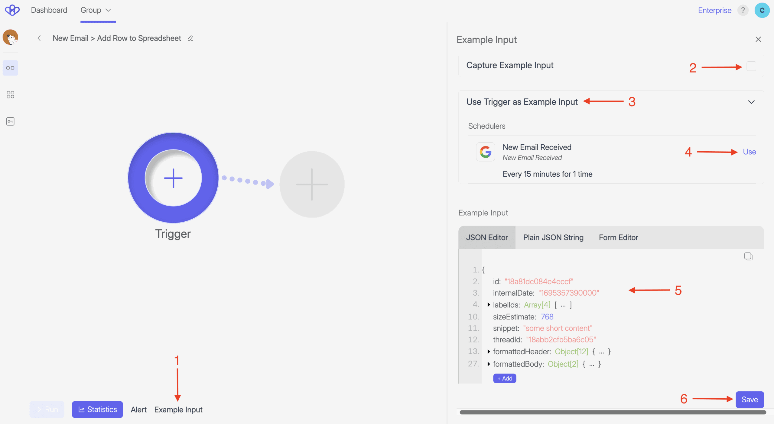 Screenshot of the Example Input feature in Flow Builder. Red arrows highlight key elements: the Example Input tab at the bottom, the “Capture Example Input” checkbox, the “Use Trigger as Example Input” section with a listed scheduler, the “Use” button, a JSON preview of sample data, and the Save button. This panel allows users to provide or capture input data for field mapping.