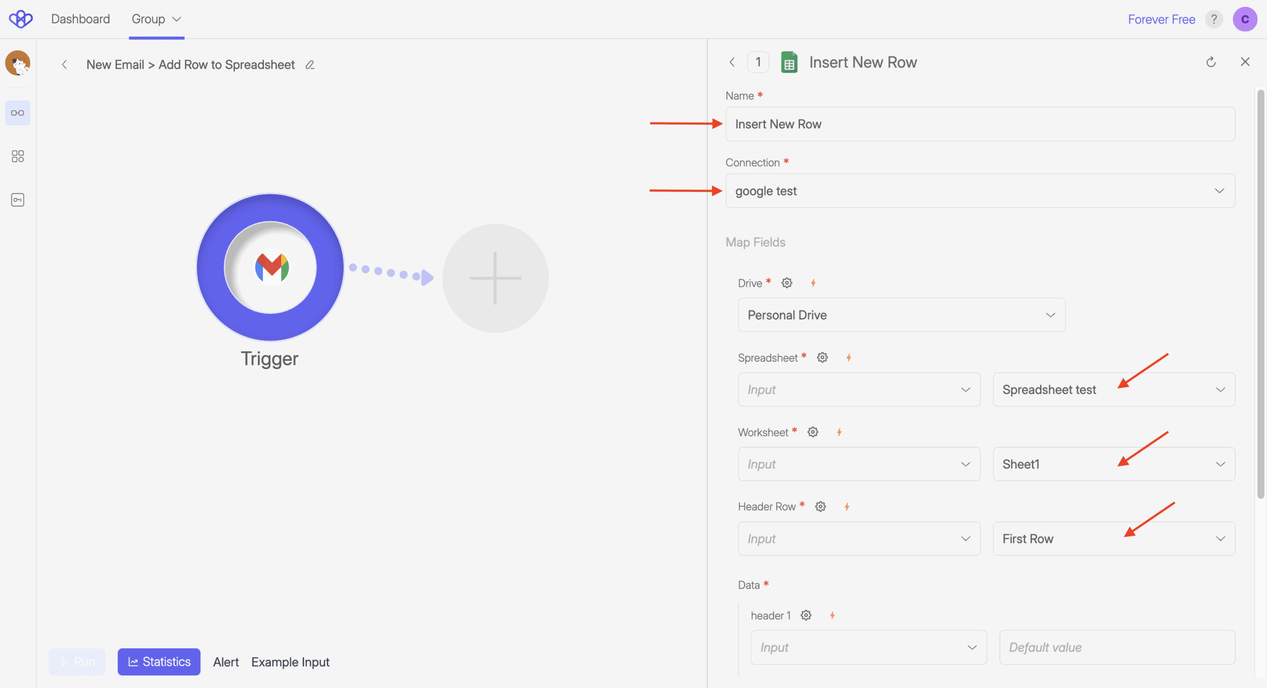 Screenshot of Google sheets insert new row setting screen. it shows different fields for setting up the Spreadsheet, the worksheet and the header row.