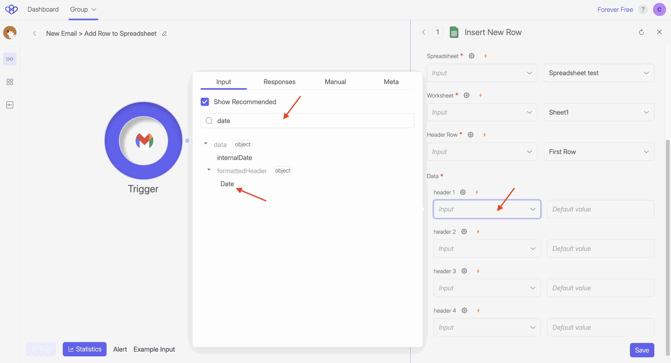 screenshot of Wiresk Method setting from Google sheets called Insert New Row. its shows how to map data from Gmail Trigger, Receive new mail.