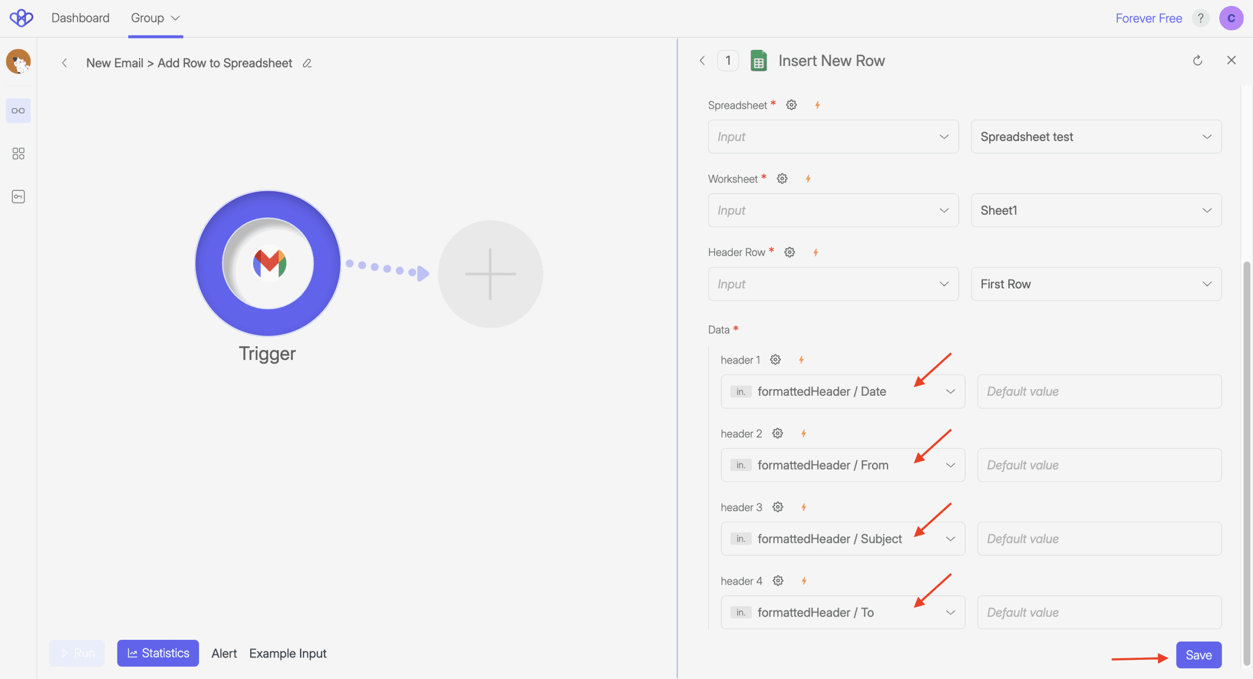 Screenshot of wiresk Method setting from google sheets. It shows fields to map data from the Trigger. Arrows shows input field for mapping data from a step response and default value for a manual entry.