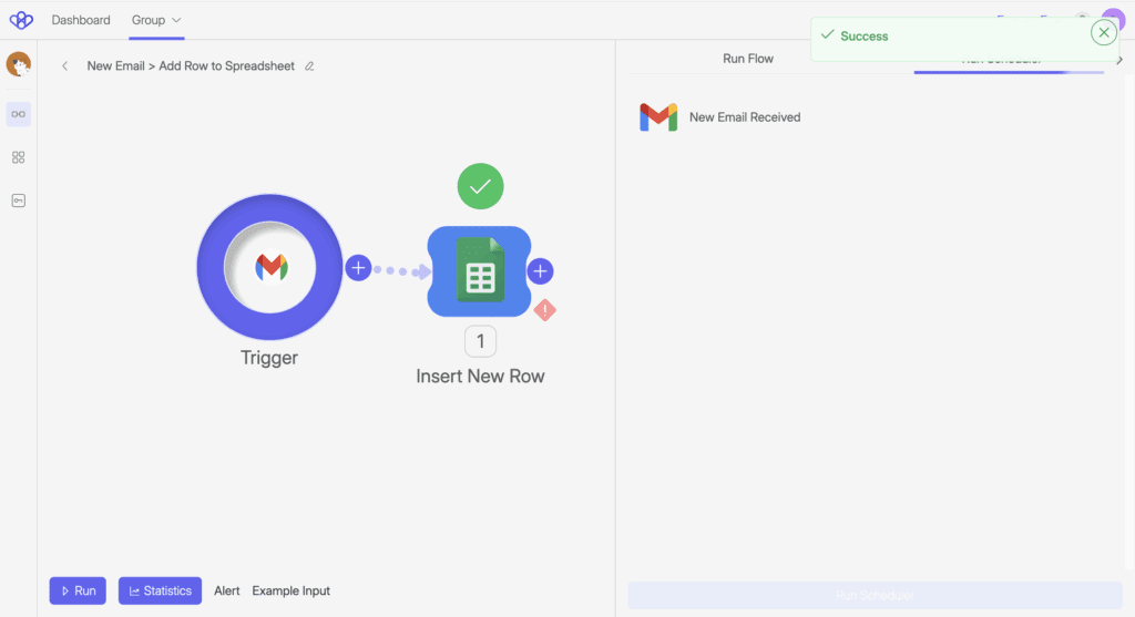 Screenshot of Wiresk Flow Builder showing a Flow named “New Email > Add Row to Spreadsheet.” The Flow includes a Gmail Trigger on the left and a Google Sheets Method labeled “Insert New Row” on the right. A green check mark above the Gmail Trigger indicates success, while a red warning icon appears next to the Google Sheets step. On the right panel, the Run Flow tab is open, displaying the “New Email Received” Trigger with a success message banner at the top.