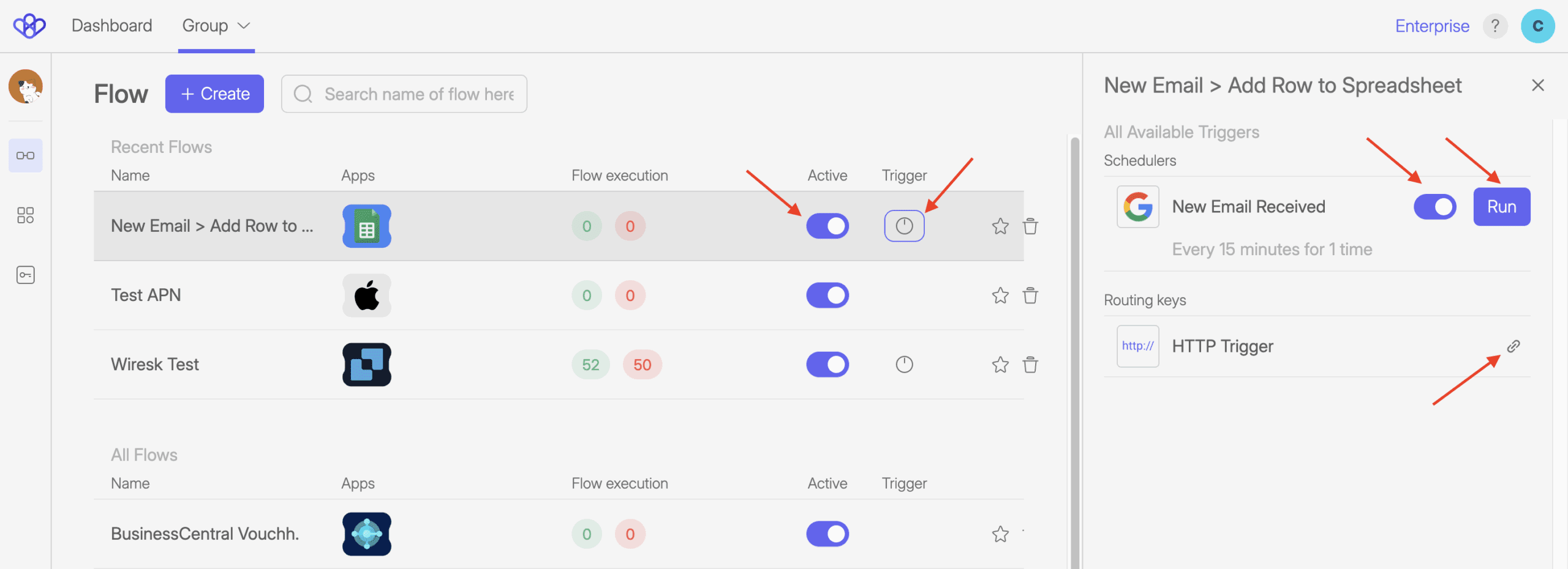 Screenshot of Wiresk Flow management. Arrows show where to select to deactivate or activate a Flow, and where to select to get the Triggers list use in a specific Flow. In the Trigger management panel, red arrows, show where to deactivate a trigger, to force run the scheduled Trigger, and to copy the routing key.