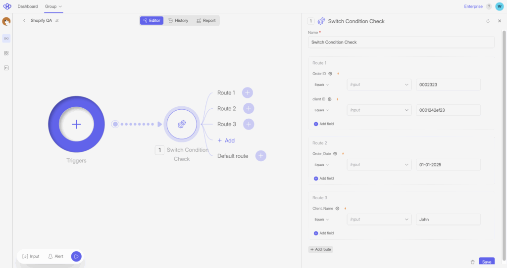 Screenshot of the Wiresk Flow Workspace showing a Flow that starts with a Trigger connected to a “Switch Condition Check” tool. On the right configuration panel, three routes are defined: Route 1 checks if “Order ID” equals 0002323 and “client ID” equals 0001242ef23, Route 2 checks if “Order_Date” equals 01-01-2025, and Route 3 checks if “Client_Name” equals John. Additional routes can be added, and the Save button is visible at the bottom.