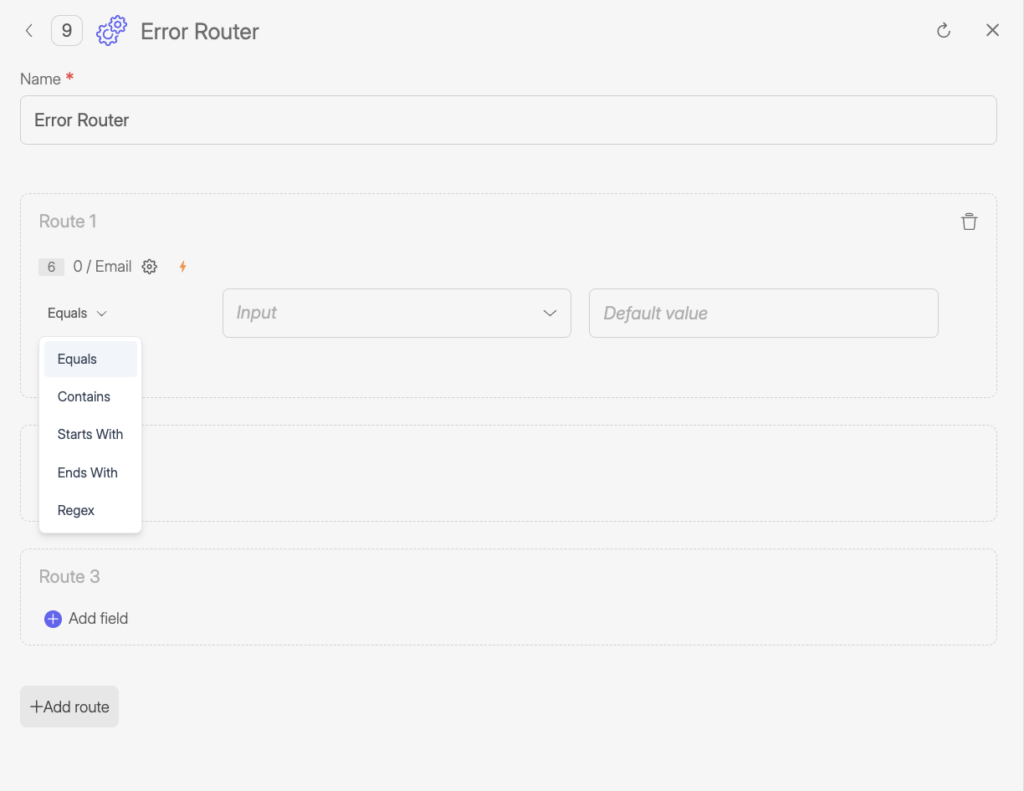 Screenshot of the Wiresk Error Router configuration panel showing a named Error Router with multiple routes, condition operators such as Equals, Contains, Starts With, Ends With, and Regex, and options to add additional routes for handling different error cases in a Flow.